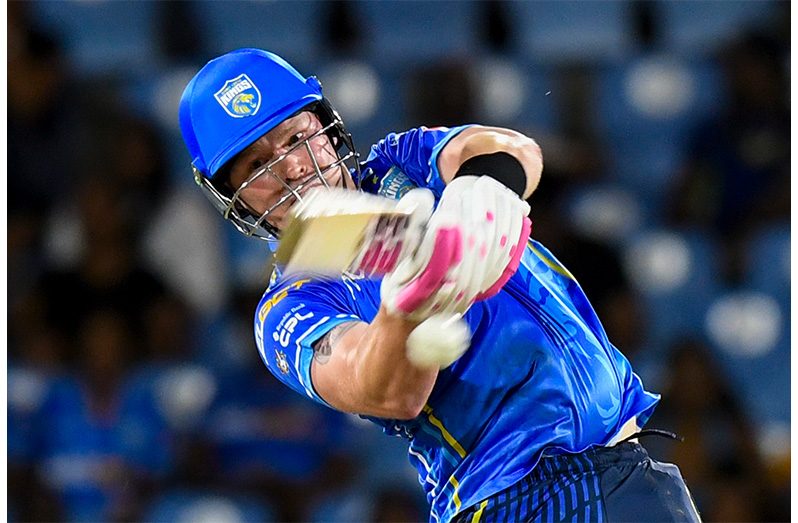 Tim Tim Seifert of Saint Lucia Kings hits 6 during the Men's 2025 Republic Bank Caribbean Premier League match 15 between Saint Lucia Kings and St Kitts and Nevis Patriots at Daren Sammy National Cricket Stadium on August 28, 2025 in Gros Islet, Saint Lucia (Photo by Randy Brooks/CPL T20 via Getty Images)