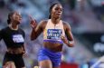 Tina Clayton of Jamaica celebrates after winning the women’s 100m title at the Wanda Diamond League Final.