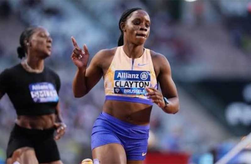 Tina Clayton of Jamaica celebrates after winning the women’s 100m title at the Wanda Diamond League Final.