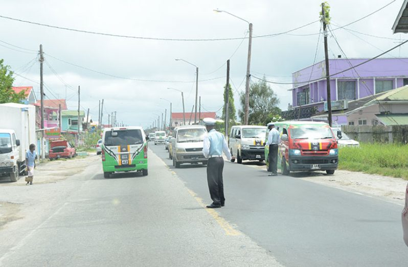 Traffic ranks in the vicinity of Golden Grove, East Bank Demerara Police Station on Tuesday. (Rabindra Rooplall photo).