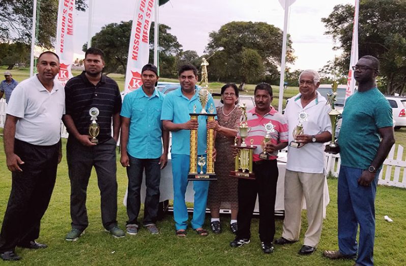 Winners and officials pose with the sponsors: From left: LGC president Aleem Hussain, ‘LD’ Richard Haniff, Shiv Chanderpaul, winner Kalyan Tiwari, Mrs Kissoon, ‘BG’, ‘NTP’ and 3rd place winner Mike Mangal, Mr Hemraj Kissoon, and 4th place winner Gavin Todd. (Missing from the picture is 2nd place winner Shanella Webster.)