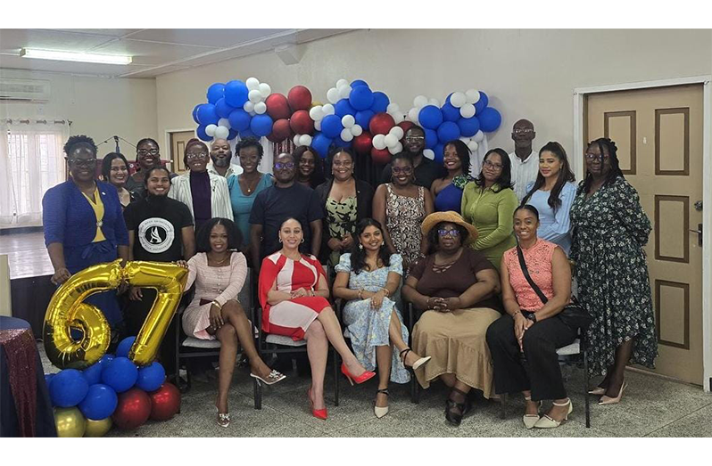 GTC President, Tamica Noel (seated second), with Vice President with responsibility for Public Relations, Bindya Deokaran and other Georgetown Toastmaster Club members (Bindya Deokaran photo)