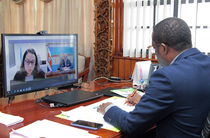 Foreign Affairs and International Cooperation Minister, Hugh Todd, in an online discussion with Foreign Affairs Minister of Costa Rica, Rodolfo Solano Quirós and Guyana’s Permanent Representative at the United Nations (UN) Rodrigues-Birkett