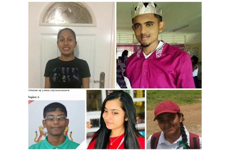 Students of the Anna Regina Multilateral School who excelled: Riana Toney, Charrandat Narine, Premchand Rampersaud, Renuka Persaud and Begum Baksh