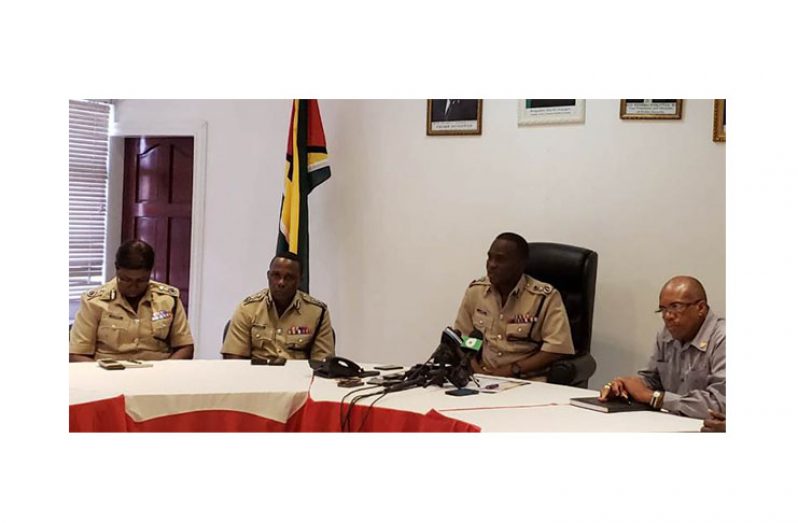 Police Commissioner , Leslie James (second from right) and other senior members of Guyana Police Force at Friday morning's press conference.