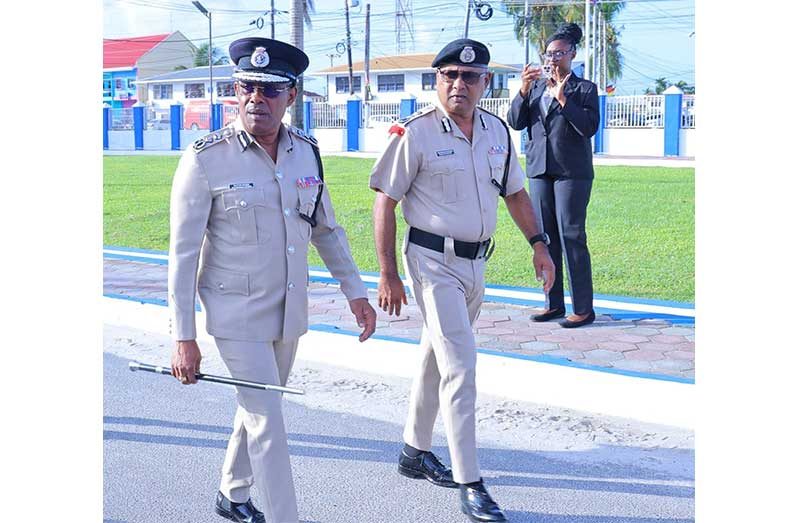 Commissioner of Police, Clifton Hicken, along with Deputy Commissioner ‘Administration’ Ravindradat Budhram during the muster with ranks from Police Headquarters at the Tactical Services Unit, Drill Square,  Eve Leary