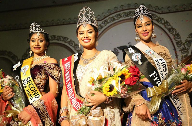 Guyana’s Sangeeta Bahadur (left), with Miss India Worldwide 2017, Madhu Valli, and first runner-up Miss India France, Stephanie Madavane (Photo courtesy Miss India Guyana Organisation) 