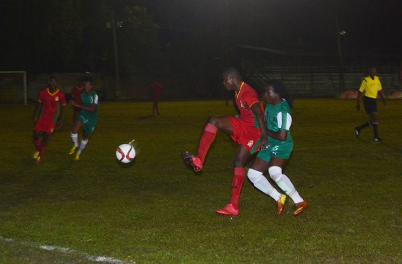 The GDF’s double goalscorer Olvis Mitchell in control against Topp XX at the MSC ground last Sunday night.