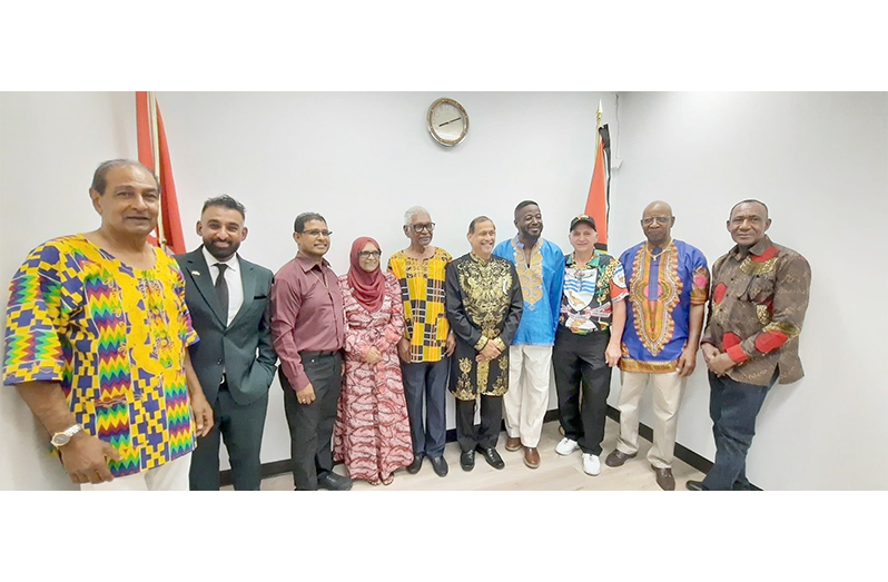 Attendees at Tuesday’s Emancipation Day function, including the parents of President Dr Mohamed Irfan Ali, fourth and fifth from left,  Honorary Consul Mani Singh, sixth from left, while featured speaker, Reginald Thompson is second from right