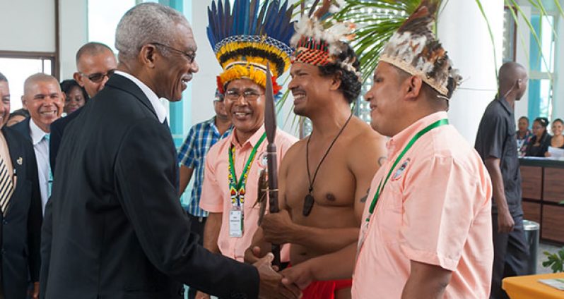 President David Granger meets toshaos at the opening of the National Toshaos Conference Monday