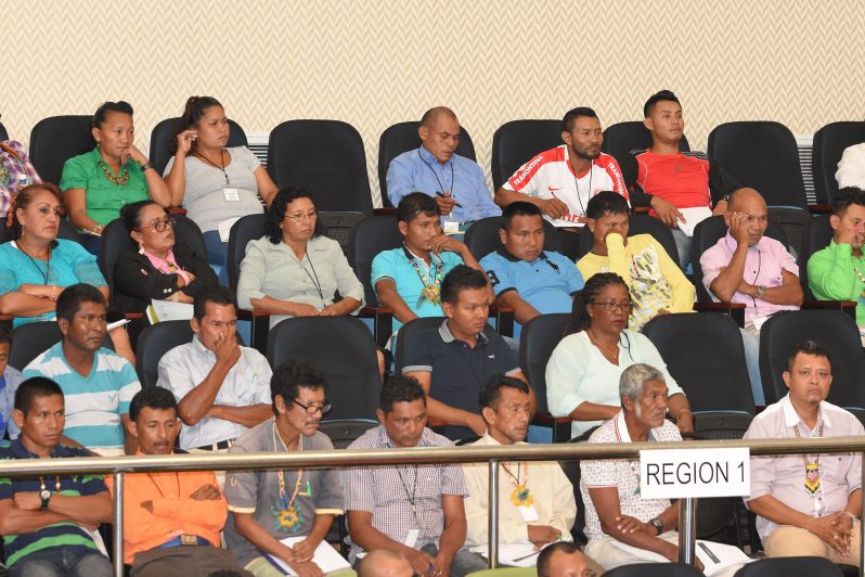 Toshaos participating in a discourse on land demarcation and titling Wednesday (Samuel Maughn photo)