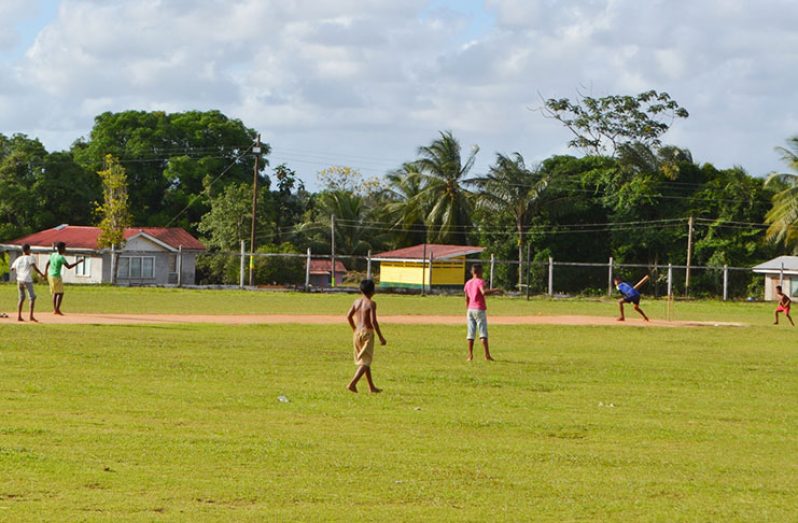 Children in the midst of a game of cricket at the Mabaruma Settlement Ground . The ground’s upkeep and maintenance falls under the ambit of the town council and several areas of improvement are expected to be undertaken there, including the construction of additional bleachers for spectators.
