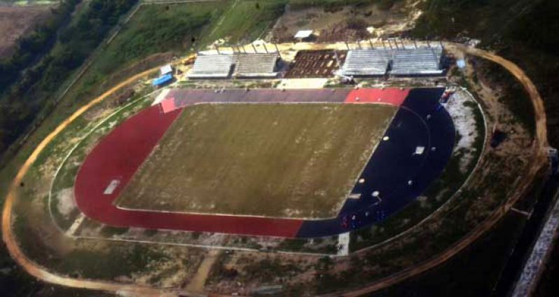 An aerial view of the synthetic track and field facility, showing the extent of works to date (Adrian Narine photo)