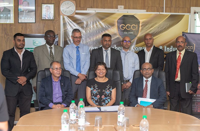 In front row from left: Cuban Ambassador to Guyana Narciso Reinaldo Armador Soeorro; Canadian High Commissioner Lilian Chatterjee; and Indian High Commissioner Venkatachalam Mahalingam. Minister of Business Dominic Gaskin and GCCI’s President Deodat Indar, are among those in the back row. (Delano Williams photo)