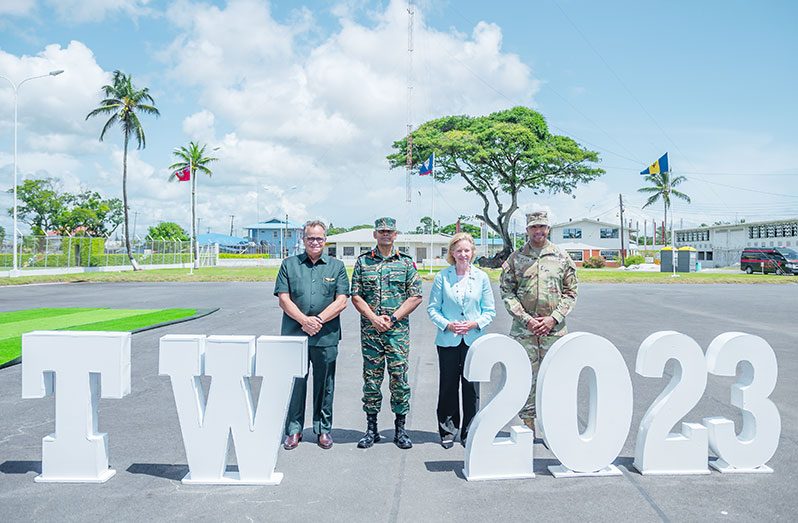 -R: National Security Adviser, Gerry Gouveia; Chief of Staff of the GDF, Brigadier Omar Khan; US Ambassador to Guyana, Sarah-Ann Lynch and Major General Thigpen, Commander General of the US South Army (Delano Williams photo)