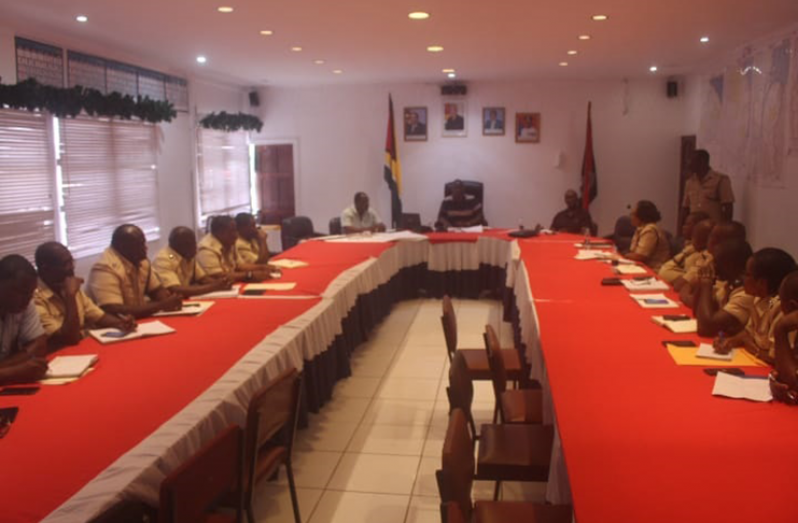 Commissioner of Police, Leslie James (centre) flanked by his deputies and traffic heads of the administrative regions