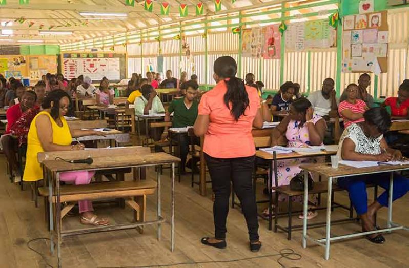 A number of persons being trained by GECOM to be assistant registration officers and enumerators at the New Campbellville Secondary School on Saturday (Delano Williams photo)
