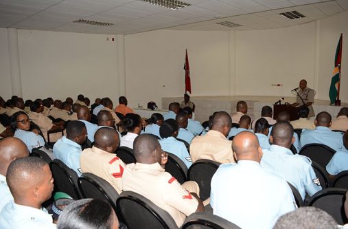 Police Commissioner, Seelall Persaud, addressing ranks at the opening ceremony of the Junior Officers’ Course.