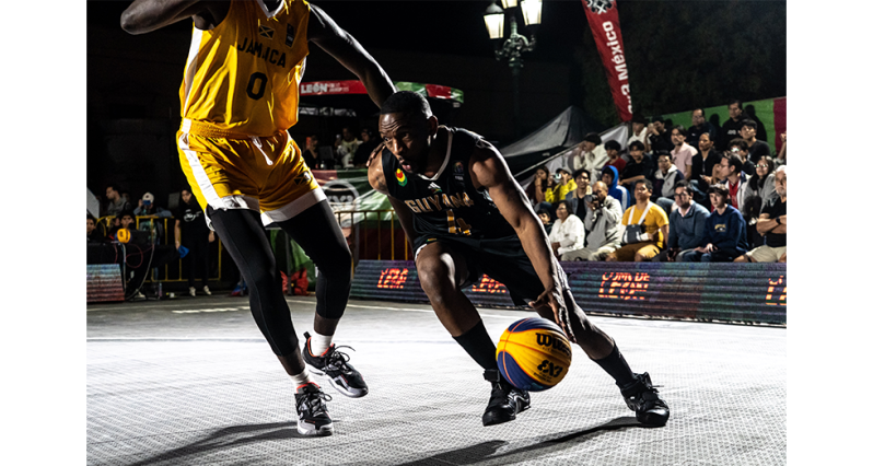 Guyana 3x3 player Travis Burnett on the ball to the net