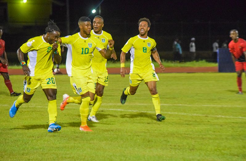 Trayon Bobb (first from left) celebrates with his teammates following his second goal in Guyana's 5-1 win against Antigua and Barbuda in their latest CONCACAF Nations League match.