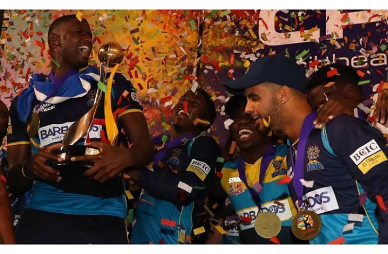 The Barbados Tridents players celebrate their win. (Getty Images)