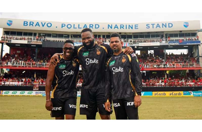 From left: Dwayne Bravo, Kieron Pollard and Sunil Narine during the renaming of a stand in their honour at the Queen’s Park Oval