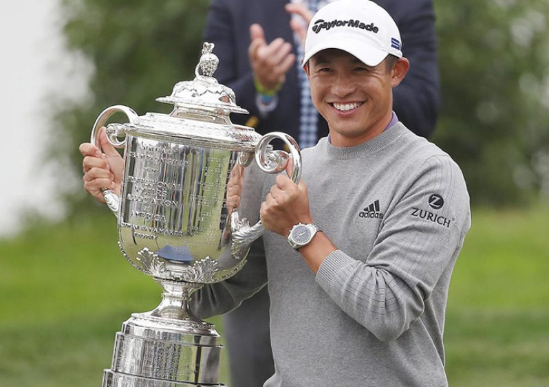 San Francisco, California, USA; Collin Morikawa poses with the Wanamaker Trophy after winning the 2020 PGA Championship golf tournament at TPC Harding Park. Mandatory Credit: Kyle Terada-USA TODAY Sports