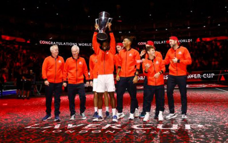 London, Britain - September 25, 2022: Team World's Frances Tiafoe celebrates with the trophy after winning the Laver Cup (Action Images via Reuters/Andrew Boyers)