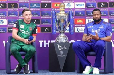 Sam Curran and Kieron Pollard with the ILT20 trophy  •  CREIMAS/ILT20