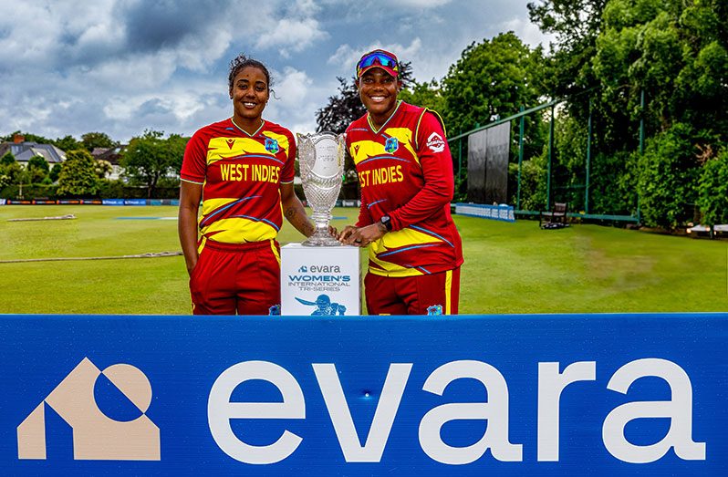 Captain Hayley Matthews (left) and vice-captain Chinelle Henry pose with the trophy after winning the series (Photo courtesy CWI Media)