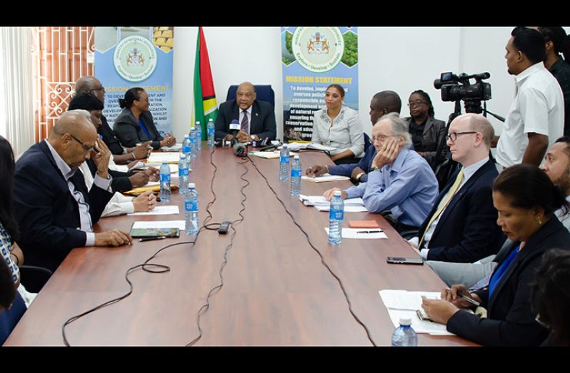 Minister of Natural Resources, Raphael Trotman, flanked by members of the Guyana Extractive Industries Transparency Initiative (GYITI) the Multi Stakeholder Group during Thursday’s press briefing at the ministry’s annex on Main Street (Delano Williams photo)