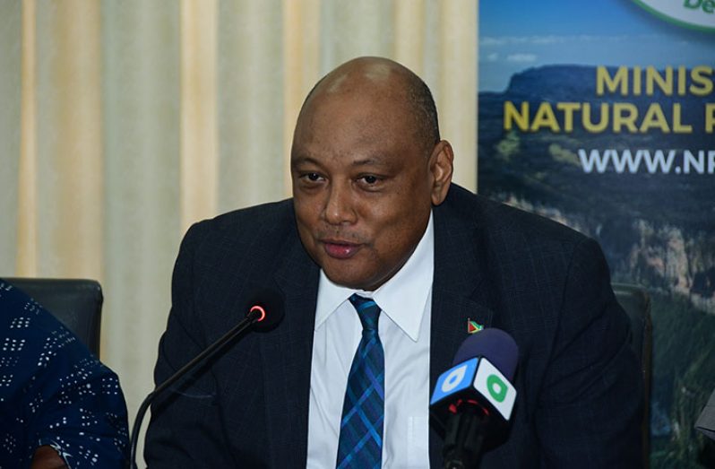 Natural Resources Minister, Raphael Trotman at Thursday’s press briefing (Adrian Narine photo)