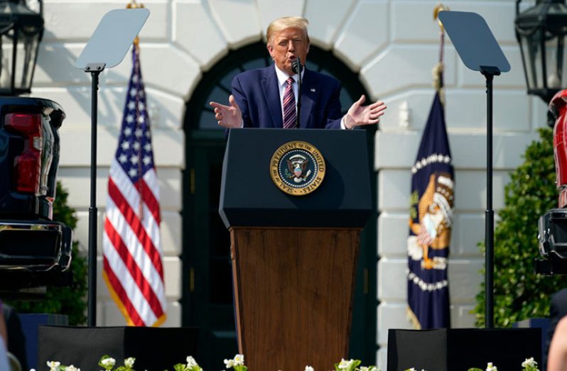 FILE – President Donald Trump speaks during an event on regulatory reform on the South Lawn of the White House, Thursday, July 16, 2020, in Washington. [AP Photo/Evan Vucci)