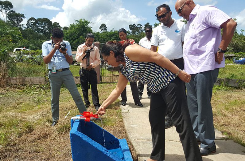 Minister of Public Affairs, Ms Dawn Hastings-Williams turns on the standpipe at Schepmoed Primary School signalling the re-commissioning of the Mara Water Supply Project on Thursday. Looking on at right and second right respectively are GWI’s Dr. Richard Van West-Charles, and Region Six’s Mr Jawaharalall Ramjug (Photo by Michel Outridge)