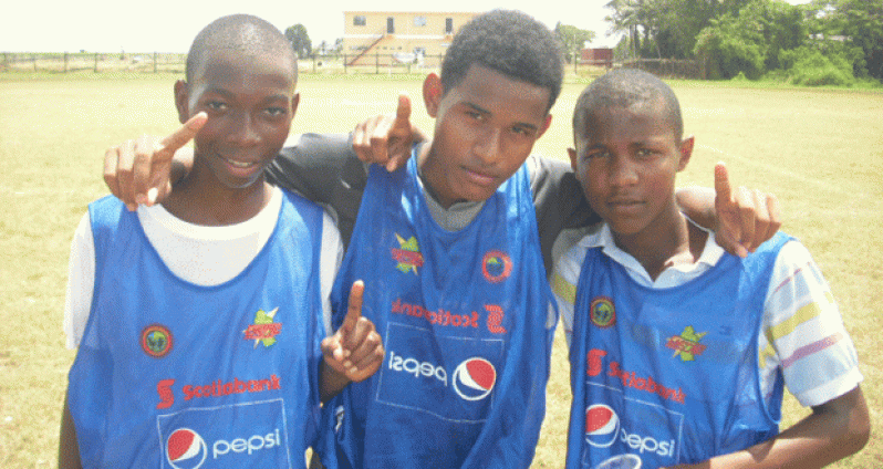 Tutorial High School’s goal-scoring trio in their win over Campbellville Secondary, from left, Kevon Roach, David Coates and Mario Padmore.
