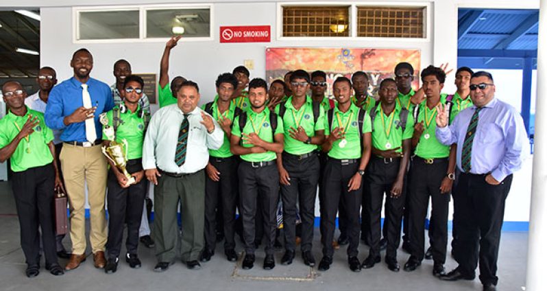 The victorius Guyana Under-19 team with Director of Sport Christopher Jones and members of the Guyana Cricket Board (Adrian Narine photo)