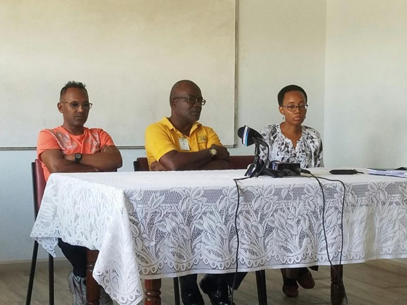 From left, UGW executive member, Khemraj Narine; UGWU Presidet, Bruce Haynes and UGSSA President Jewel Thomas