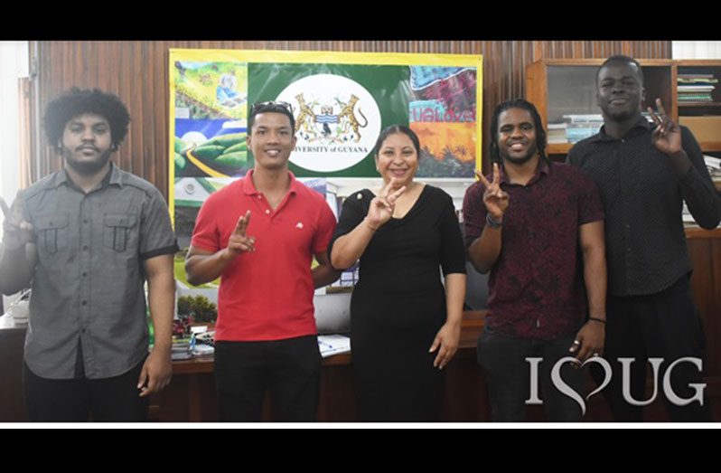 Vice-Chancellor of the University of Guyana, Professor Paloma Mohamed, with the Webby-winning FramePerfect Team, made up of UG staff and students, last Friday upon their return (Photo courtesy of PACE Photographer Tara Smith, MA)