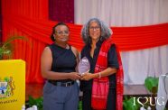 Director of the Institute for Gender Studies, Dr Lisa Edwards, presents a token of appreciation to Professor Emerita Kamala Kempadoo of York University during the IGS’ 10th anniversary celebration at the University of Guyana’s Education Lecture Theatre