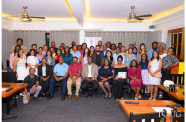 Professor Temitope Oyedotun, Guyana-PROMAR Project Lead and lecturer at the University of Guyana’s Faculty of Earth and Environmental Sciences; Mr. Amarnath Munnolimath, Head of Green and Circular Economy at Adelphi; and Ms. Tracy Phillips of the United Nations Environment Programme (UNEP) Cartagena Convention Secretariat, pose with awardees and attendees at the PROMAR closing ceremony at the Grand Coastal Inn Hotel, East Coast Demerara, on October 14, 2026, marking the conclusion of the project’s implementation phase in Guyana