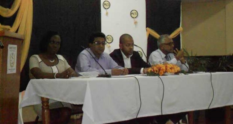 “From left are: Moderator and UG Law Lecturer, Ms. Christine McGowan; Attorney General and Minister of Legal Affairs, Mr. Anil Nandlall; President of the Guyana Bar Association, Mr. Ronald Burch-Smith; Attorney-at-Law Mr. Christopher Ram