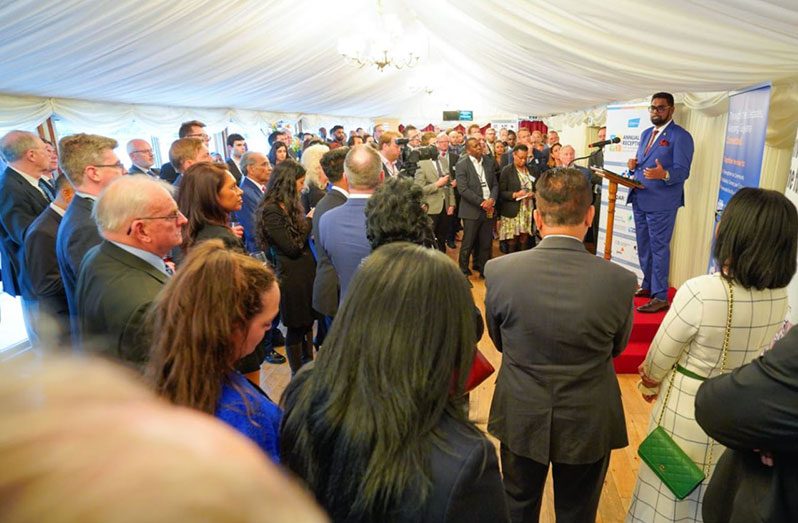 President, Dr. Irfaan Ali, addresses stakeholders at the Caribbean Council’s House of Lords Annual Reception, on Wednesday (Office of the President photo)