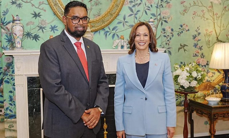 President, Dr. Irfaan Ali shares a light moment with US Vice President, Kamala Harris (Office of the President photo)