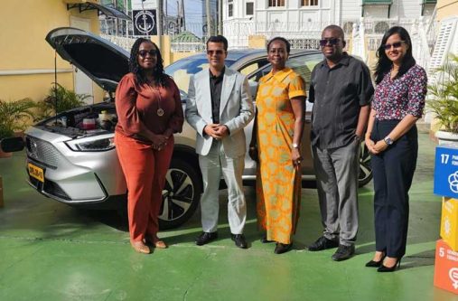 From left to right: Eraina Yaw, Head of National Office, IOM; Dr. Mahender Sharma, Chief Executive Officer, Guyana Energy Agency (GEA); Jean Kamau, UN Resident Coordinator; Richard Maughn, Chief Executive Officer and Secretary, Board of Industrial Training (BIT), and Nadira Balram, Officer-in-Charge, UNDP with UNDP’s electric vehicle