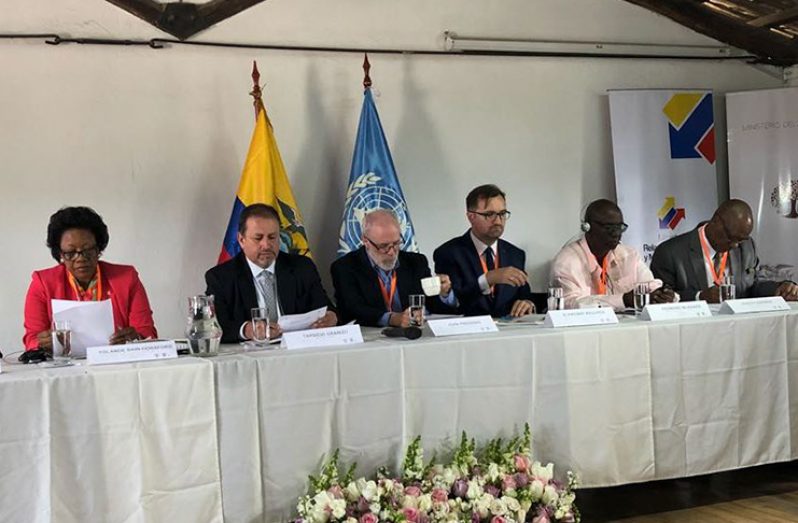 Yolande Bain-Horsford, Minister of Agriculture and Lands, Grenada; Tarsicio Granizo, Minister of Environment, Ecuador; John Preissing, FAO representative in Ecuador; Slawomir Mazurek, undersecretary of state in the Ministry of the Environment, Poland; Desmond McKenzie, Minister of Local Government and Community Development, Jamaica; and Minister of State, Joseph Harmon at the Ministerial Round Table on Policies and Practices to invest in sustainable land management