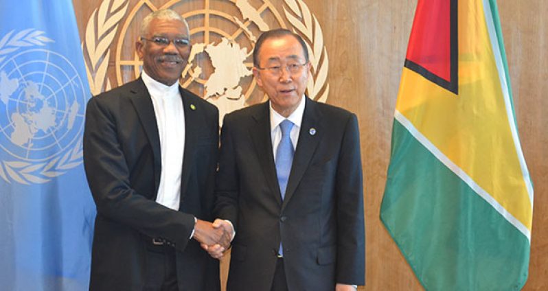 President David Granger and Secretary-General, Mr. Ban Ki-moon pose for an official photograph at  UN Headquarters Saturday. (Ministry of the Presidency photo)