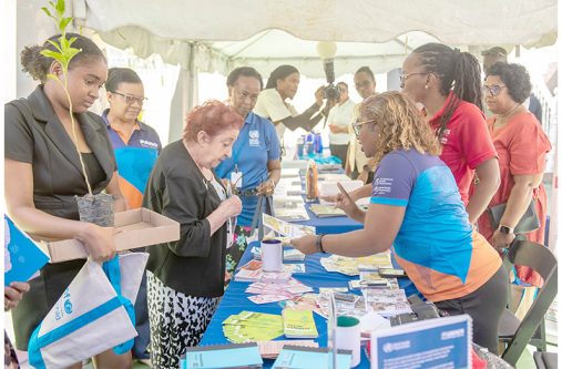 UN open day (3) Minister Gail Texeira, along with UN Resident Coordinator Jean Kamau, interacts at the PAHO booth (Delano Williams photos)