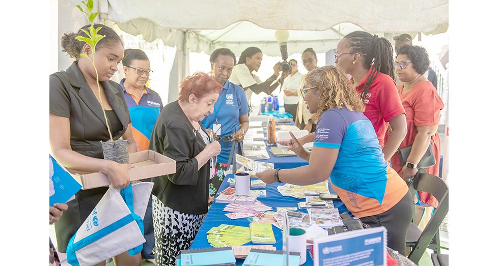 UN open day (3) Minister Gail Texeira, along with UN Resident Coordinator Jean Kamau, interacts at the PAHO booth (Delano Williams photos)