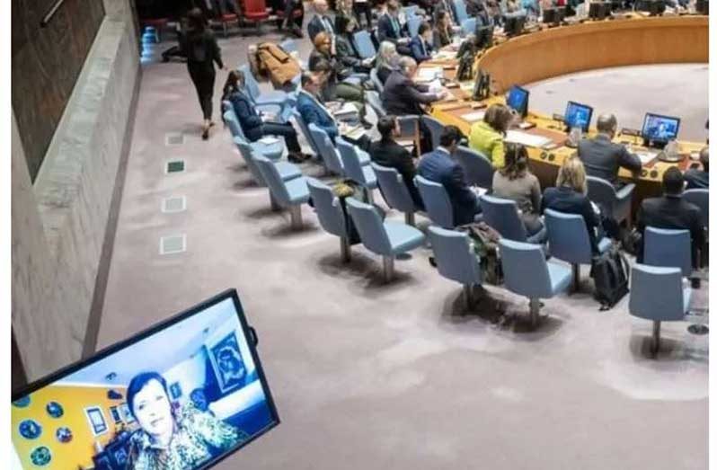 Maria Isabel Salvador (on screen), Special Representative of the Secretary-General for Haiti, briefs the Security Council (UN Photo/Manuel Elías)