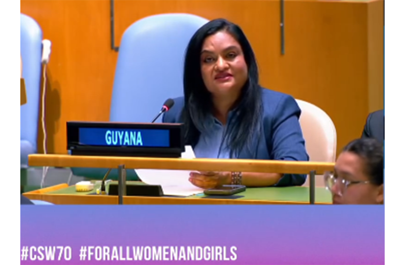 Minister of Human Services and Social Security Dr Vindhya Persaud delivers her remarks to UN stakeholders